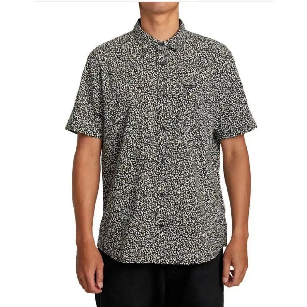 rvca mens green white black floral short sleeve button down shirt Regular Fit Xl